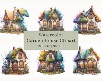 10 Clipart di casa da giardino ad acquerello, PNG, pacchetto, clipart di cabina, clipart di casa, illustrazione ad acquerello, uso commerciale, Scrapbooking
