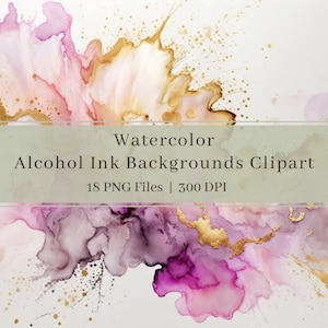 May include: Abstract watercolour background clipart featuring pink, purple, and gold alcohol ink. 18 PNG files, 300 DPI.
