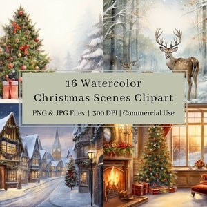 16 Weihnachtsszenen Clipart, JPG, Aquarell Weihnachtskarte Clipart, Weihnachtshintergründe, Winter, Urlaub Clipart, kommerzielle Nutzung