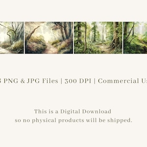 May include: A digital download of 16 high-resolution PNG and JPG files featuring four watercolor paintings of a forest path. The paintings depict a path through a lush green forest with sunlight streaming through the trees. The files are 300 DPI and can be used for commercial purposes.