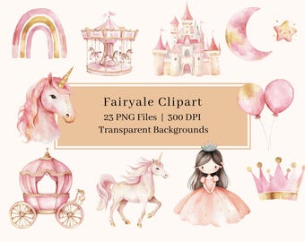23 Fairytale Princess Clipart: Watercolor Unicorns, Castle, Carriage (PNG Digital Download)