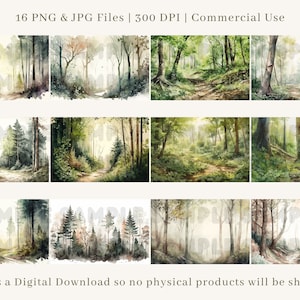 May include: A set of 16 digital watercolor illustrations of a forest path. The images feature a variety of green trees and foliage, with a path leading through the center of each image. The images are perfect for use in digital scrapbooking, card making, and other creative projects.