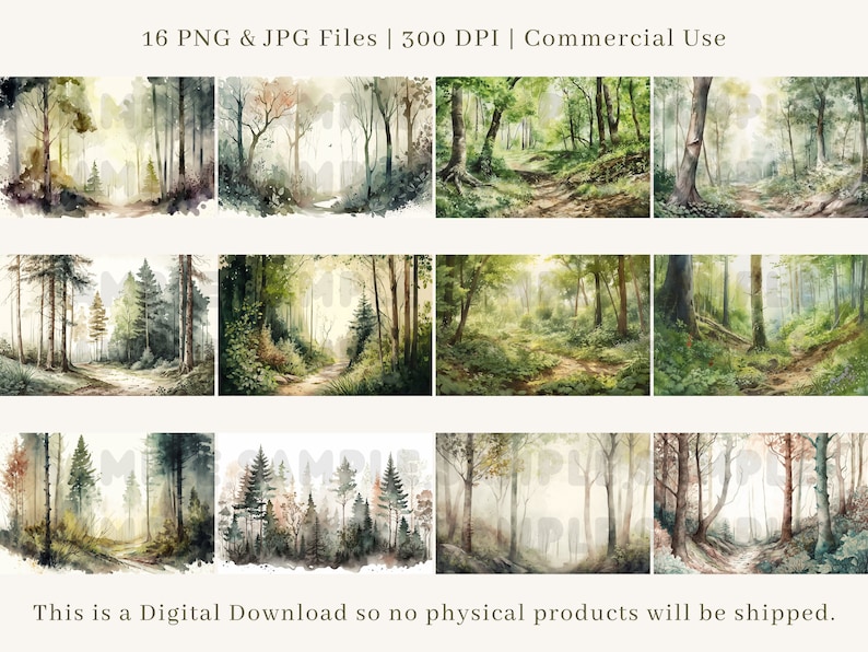 May include: A set of 16 digital watercolor illustrations of a forest path. The images feature a variety of green trees and foliage, with a path leading through the center of each image. The images are perfect for use in digital scrapbooking, card making, and other creative projects.