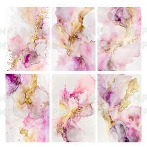 May include: Abstract art print featuring a pink, purple, and gold watercolour design. The print has a soft, ethereal feel and would look great in a modern or minimalist home.