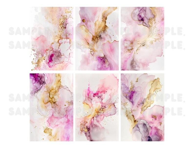 May include: Abstract art print featuring a pink, purple, and gold watercolour design. The print has a soft, ethereal feel and would look great in a modern or minimalist home.
