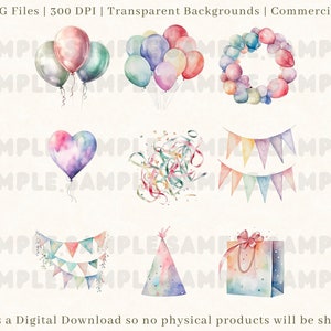 Watercolor Birthday Clipart: Party Balloons, Cake, Gifts (digital ...