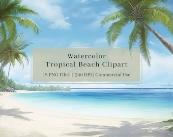 18 Watercolor Beach Clipart, PNG, Watercolor Tropical Beach Background Clipart, Palm Trees, Vacation Clipart, Wall Art, Commercial Use