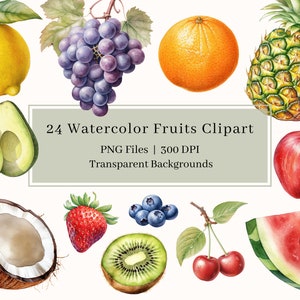 24 cliparts de fruits aquarelle, PNG, téléchargement de produits, orange, pomme, fraise, myrtille, ananas, pastèque, banane, usage Commercial d'art