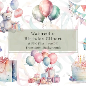 18 imágenes prediseñadas de cumpleaños de acuarela, PNG, imágenes prediseñadas de fiesta de cumpleaños de acuarela, imágenes prediseñadas de regalo, imágenes prediseñadas de globos, invitación de cumpleaños, uso comercial