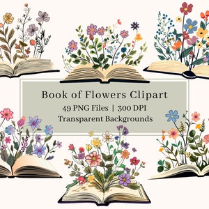 49 Libro de flores clipart, paquete PNG, imágenes prediseñadas de libro abierto, ilustración de libros, ilustración de flores leyendo imágenes prediseñadas uso comercial, álbum de recortes