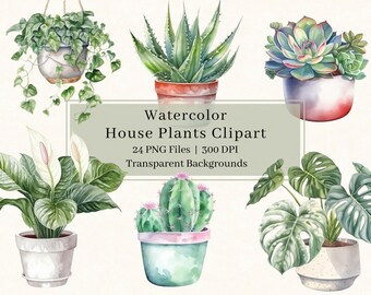 24 Arte de plantas de interior, PNG, Imágenes prediseñadas de plantas de interior en acuarela, Ilustración de plantas, vegetación, arte de pared, fabricación de tarjetas, uso comercial