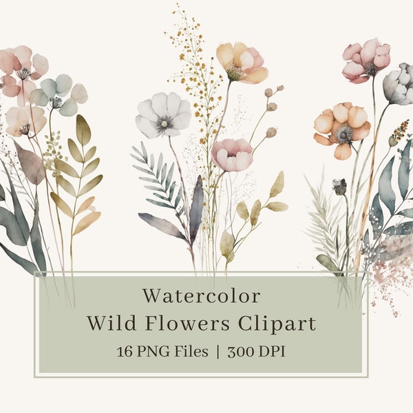 16 Watercolor Wildflowers Clipart, PNG, Flowers Clipart, Floral Bouquet Illustration, Wild Flowers, Wall Art, Wedding invite, Commercial Use