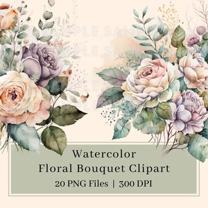 20 水彩花のクリップアート、PNG、ボヘミアン フラワー、花束のイラスト、花束、ウォール アート、結婚式招待状、商用利用