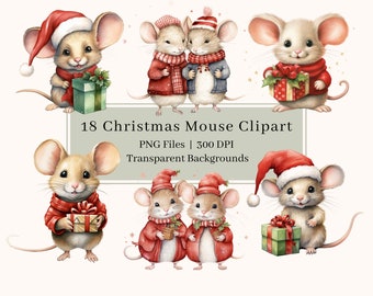 18 Christmas Mouse Clipart PNG, Watercolor Christmas Mice Clipart Bundle, Christmas Mice, Christmas Card, Image Sublimation, Commercial Use