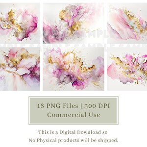 May include: Set of 18 digital abstract art prints featuring pink, purple, and gold watercolour-like designs. The prints are high resolution and perfect for creating digital products or printing.