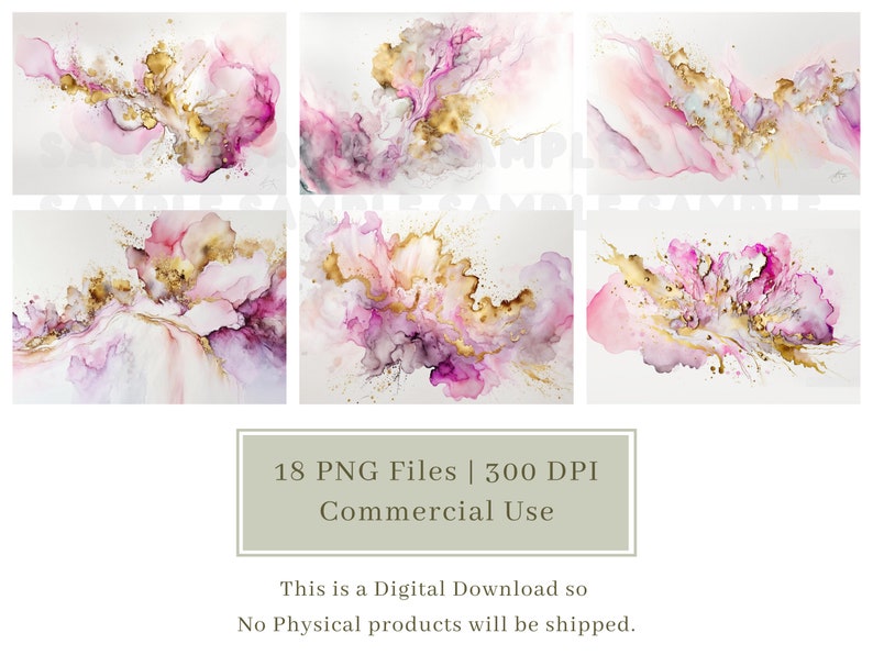 May include: Set of 18 digital abstract art prints featuring pink, purple, and gold watercolour-like designs. The prints are high resolution and perfect for creating digital products or printing.