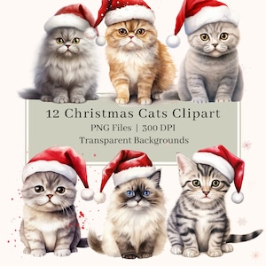 12 Christmas Cat Clipart, PNG, Watercolor Christmas Cat Clipart Bundle, Santa Hat, Xmas, Kitten, Christmas Card, Sublimation, Commercial Use