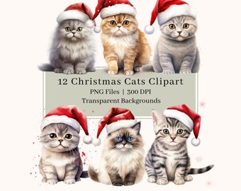 12 Watercolor Christmas Cat Clipart Bundle: Santa Hats, Commercial Use (PNG Digital Download)