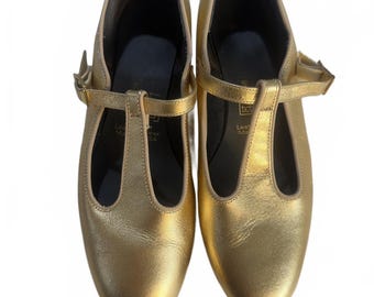 Vintage style Boho chic Tic toc leather Peggy Gold T-Strap Shoe 8 1/2