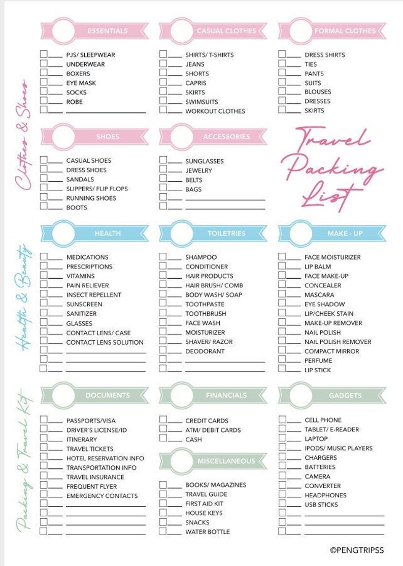 May include: A printable travel packing list with categories for clothes, shoes, health, toiletries, make-up, documents, financials, gadgets, and miscellaneous items. The list is organized in a grid format with checkboxes next to each item.