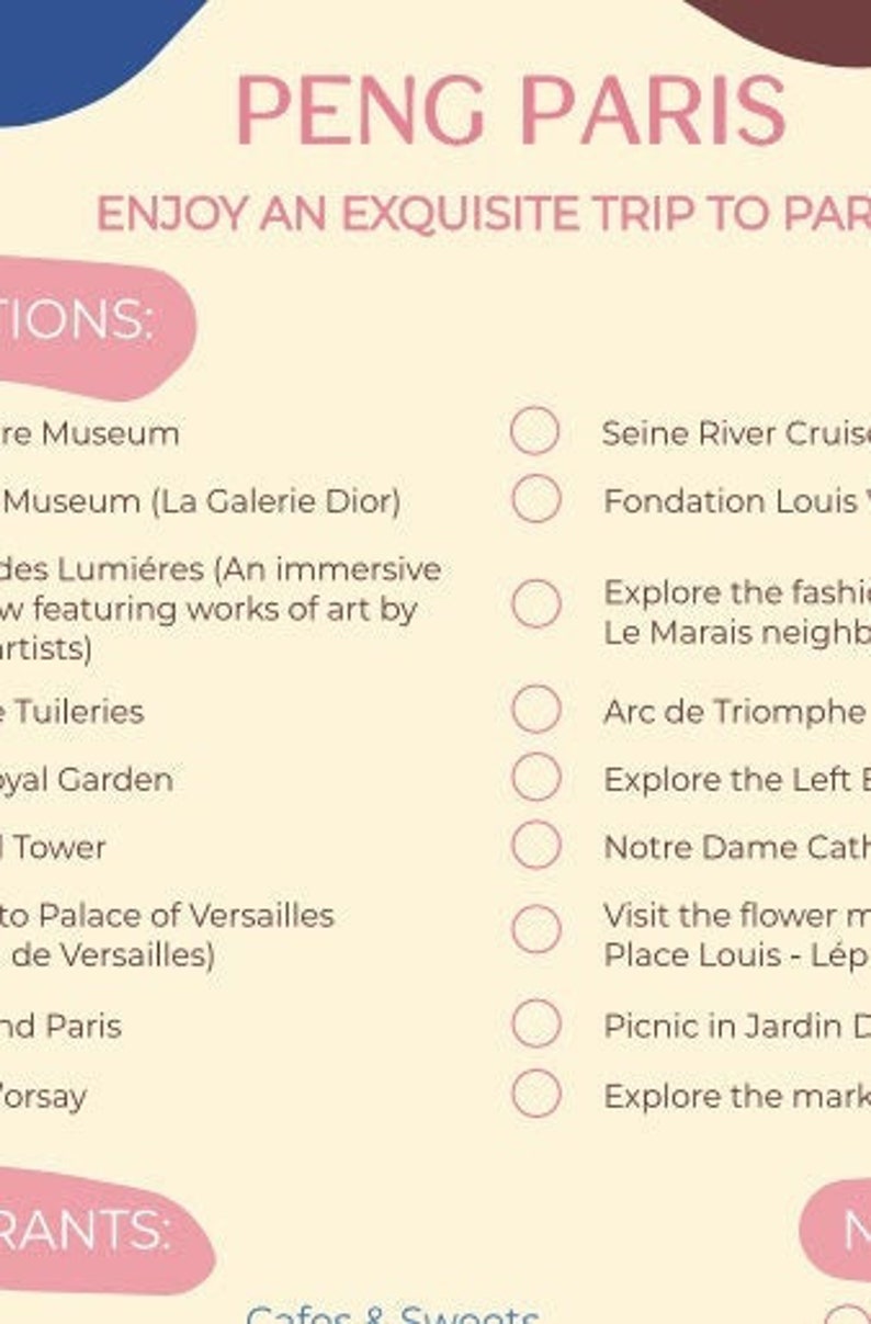 Paris Travel Checklist Paris Bucket List Paris Itinerary Etsy
