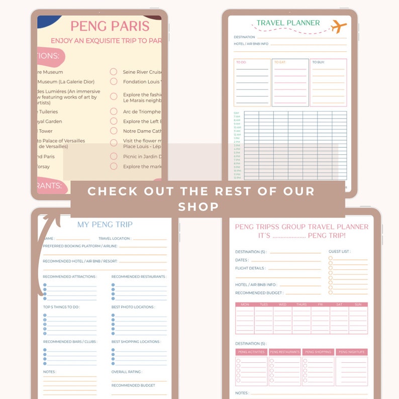 May include: A printable travel planner for a trip to Paris, France. The planner includes sections for to-do lists, to-eat lists, to-buy lists, and a daily itinerary. The planner also includes a section for recommended attractions, restaurants, and activities.