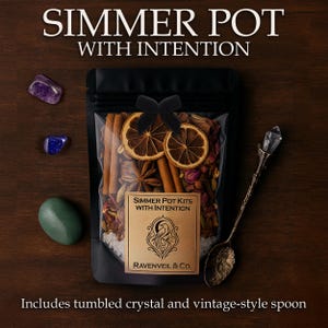 Könnte beinhalten: Ein schwarzer Beutel mit einem Simmer-Pot-Kit mit getrockneten Zitrusfrüchtescheiben, Zimtstangen und Gewürzen. Das Kit enthält einen Löffel im Vintage-Stil und getrommelte Kristalle. Der Text auf dem Beutel lautet "Simmer Pot Kits With Intention" und "Ravenveil & Co."