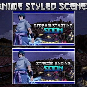 May include: Anime-styled scenes with a character in a light blue shirt and purple sash, with a cityscape background. The top scene reads "STREAM STARTING SOON" and the bottom scene reads "STREAM ENDING SOON". The title "ANIME STYLED SCENES" is at the top.