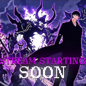 Puede incluir: Ilustración digital de estilo anime pixelado, con una paleta de colores oscura y acentos morados. Presenta un personaje con abrigo negro y el texto "STREAM STARTING SOON" en morado y blanco.