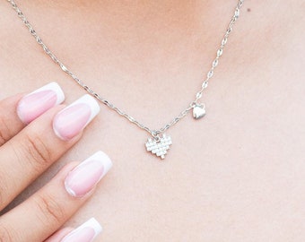8-Bit Heart Necklace: Sterling Silver Pixel Gamer Jewelry