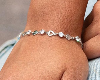Sterling Silver Heart Link Bracelet with Cubic Zirconia