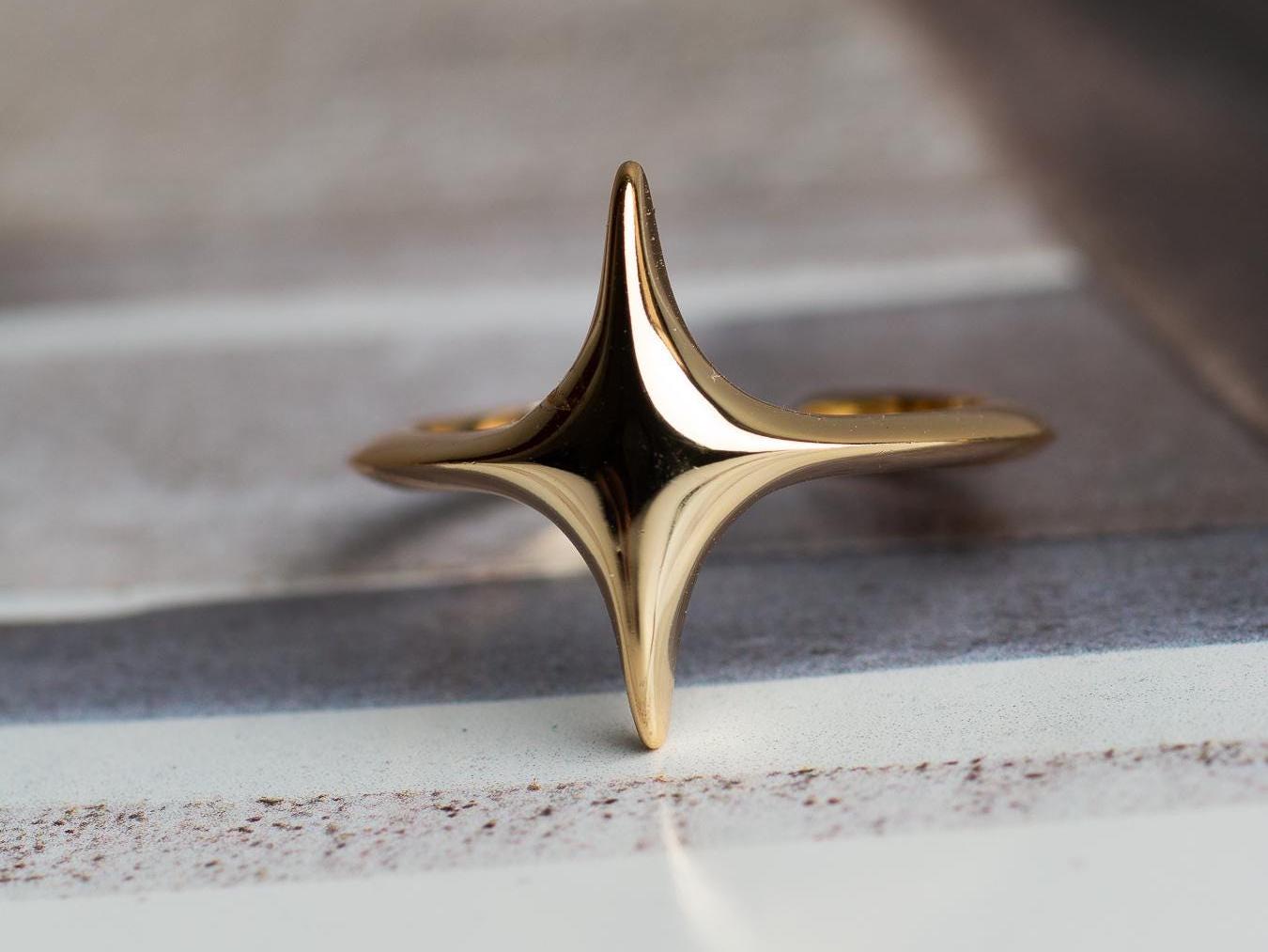 Bold Star Ring, Four Point Star Earrings, Gold Star Finger