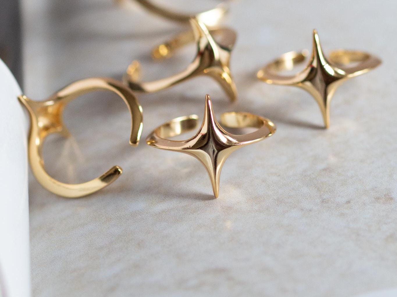 Bold Star Ring, Four Point Star Earrings, Gold Star Finger
