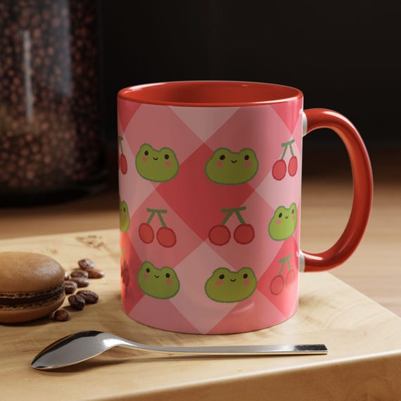 Kawaii Cottage Core Frog and Cherries Mug, Cute Ceramic Tea Cup, Whimsical Animal Lover Coffee Mug, Gift for Gardeners, Pink Cherry Decor,