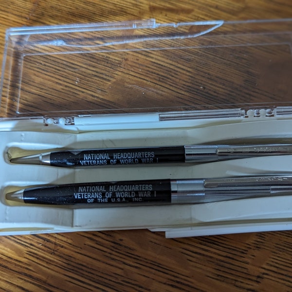 Commerative pen and mechanical pencil set by Tucker Company.  From the National Headquarters Veteran of WWI. Made in the USA