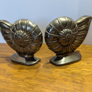 May include: Two metallic, nautilus shell-shaped bookends. The bookends are a dark, silvery color with detailed spiral patterns. They sit on a wooden surface, adding a touch of coastal decor to any bookshelf or desk.
