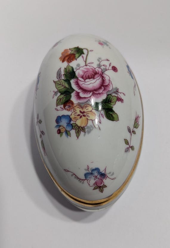 Vintage Egg Shaped Trinket Box With Pink Rose on Top; Hand