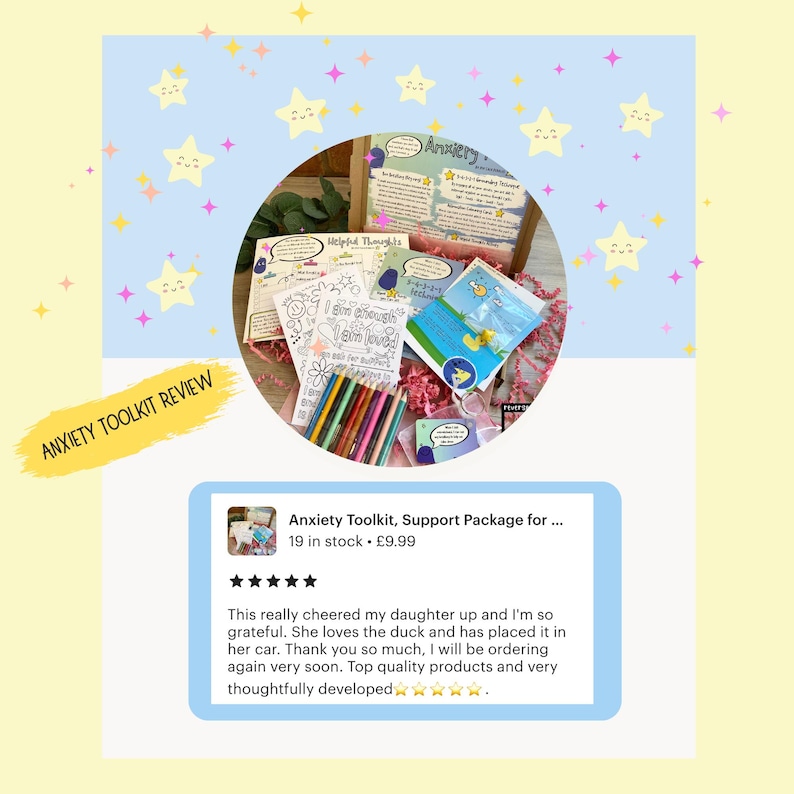 Puede incluir: Una rese&ntilde;a de un cliente para un paquete de apoyo de kit de ansiedad. La rese&ntilde;a es positiva e incluye una calificaci&oacute;n de cinco estrellas. La imagen muestra el contenido del kit, que incluye p&aacute;ginas para colorear, l&aacute;pices y un peque&ntilde;o pato de peluche. El texto en la imagen dice "Anxiety Toolkit, Support Package for... 19 in stock. &pound;9.99".