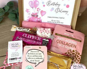 Caja de regalo de cumpleaños personalizada: mascarilla, posavasos y chocolate