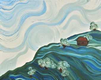 May include: A painting of a landscape with a small red house on a hill. The sky is blue and white with swirling clouds. There are green trees on the hills.