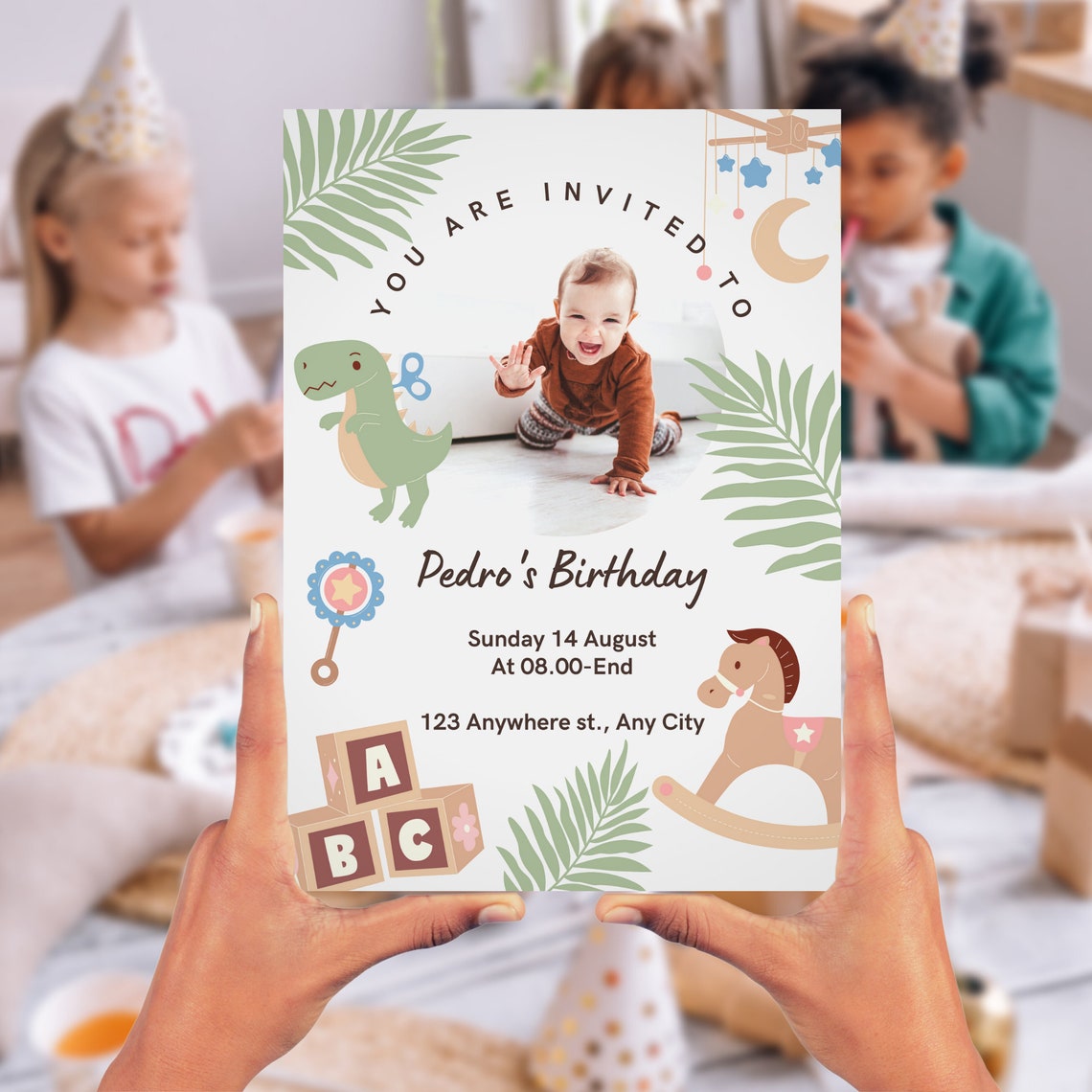 BABY DINO Birthday Invitation Card, Dinosaur Theme Birthday Party