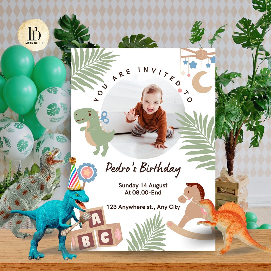 BABY DINO Birthday Invitation Card, Dinosaur Theme Birthday Party