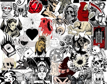 50 Hand Made Black and White Goth Stickers , Cute Sticker Pack Gacha Sticker Pack, Water-proof Skull Gothic Stickers