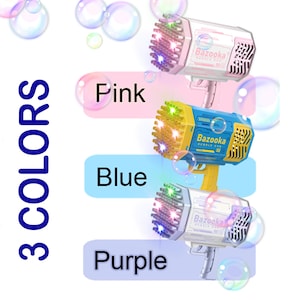 May include: Three bubble blowers in pink, blue, and white with the word "Bazooka" on each. The bubble blowers have lights on them and are designed to look like toy guns.