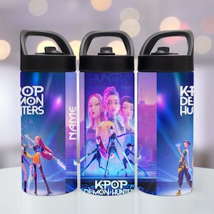 May include: Three water bottles with black handles and lids. The bottles feature a vibrant design with the text "KPOP DEMON HUNTERS" and images of animated characters. The background is a gradient of blue and purple.