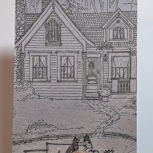 Cartão postal simples, arte aconchegante de casa de campo, arte de linha, cartão postal 4 x 6