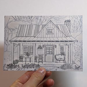 Cartão postal simples, arte aconchegante de casa de campo, arte de linha, cartão postal 4 x 6
