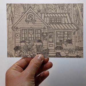 Carte postale simple Dessin au trait Cottage cosy Carte postale 4 x 6