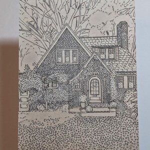 Cartão postal simples, arte aconchegante de casa de campo, arte de linha, cartão postal 4 x 6