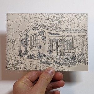 Cartão postal simples, arte aconchegante de casa de campo, arte de linha, cartão postal 4 x 6